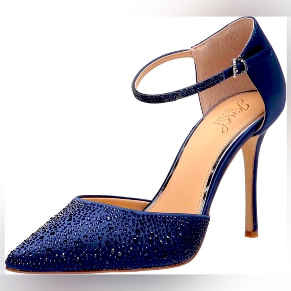 Jewel Badgley Mischka Jailene Ankle
Strap Stiletto Size 8 Navy Satin💙💙
